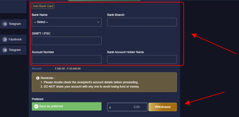 Click add bank card and fill information bank card to withdrawal money