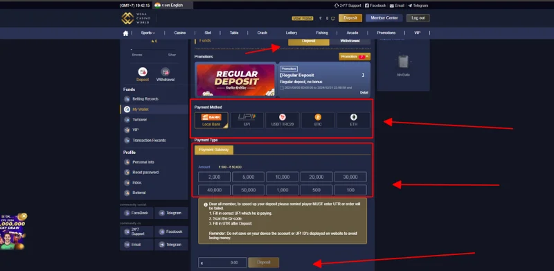 Click deposit button and choose payment want to deposit